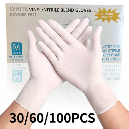 Box of white vinyl/nitrile blend gloves with a pair of hands wearing gloves on a white background.