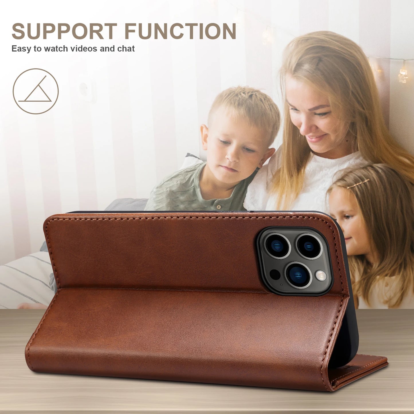 Brown phone case with a family using a device, text 'Support Function' and 'Easy to watch videos and chat'.