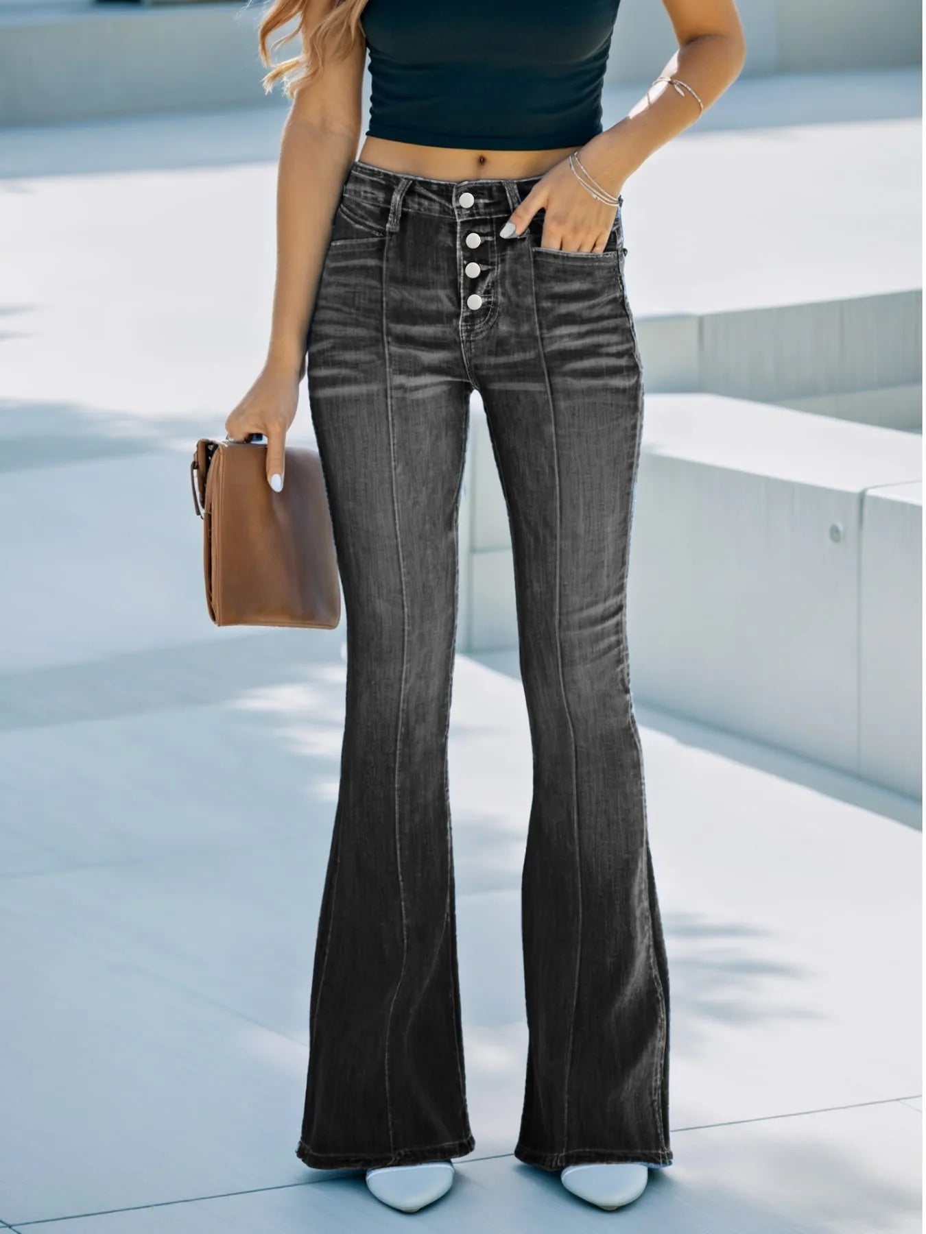 Jeans Flare Pants Women Streetwear Washed Button Fly Mid Waist Pockets Distressed Denims Female Trousers 2025 Vintage Boot Cut