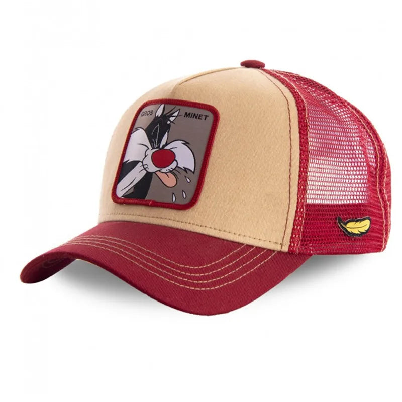 Unisex Anime Cartoon Baseball Cap with High-Quality Patch Trucker Hat - red and beige