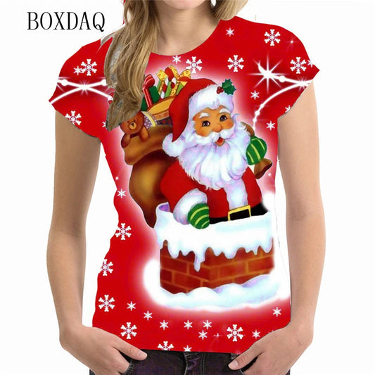 Women's Short Sleeve Cartoon Santa Claus T-shirts  - 1