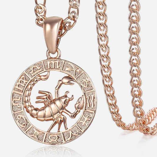 Women's zodiac sign pendant necklace in 585 rose gold with 3mm snail chain, featuring 12 constellation charms like Aries, Leo, and Scorpio.- Scorpion