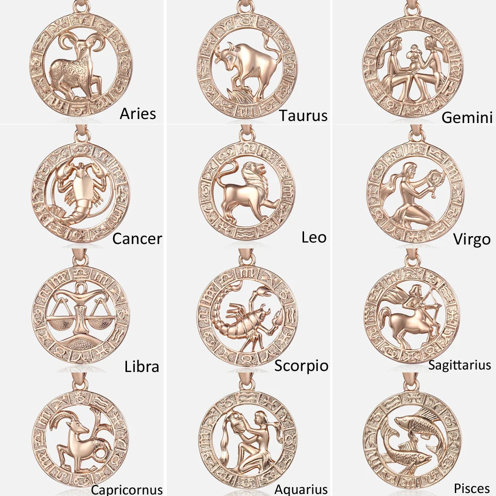 Women's zodiac sign pendant necklace in 585 rose gold with 3mm snail chain, featuring 12 constellation charms like Aries, Leo, and Scorpio.  - All