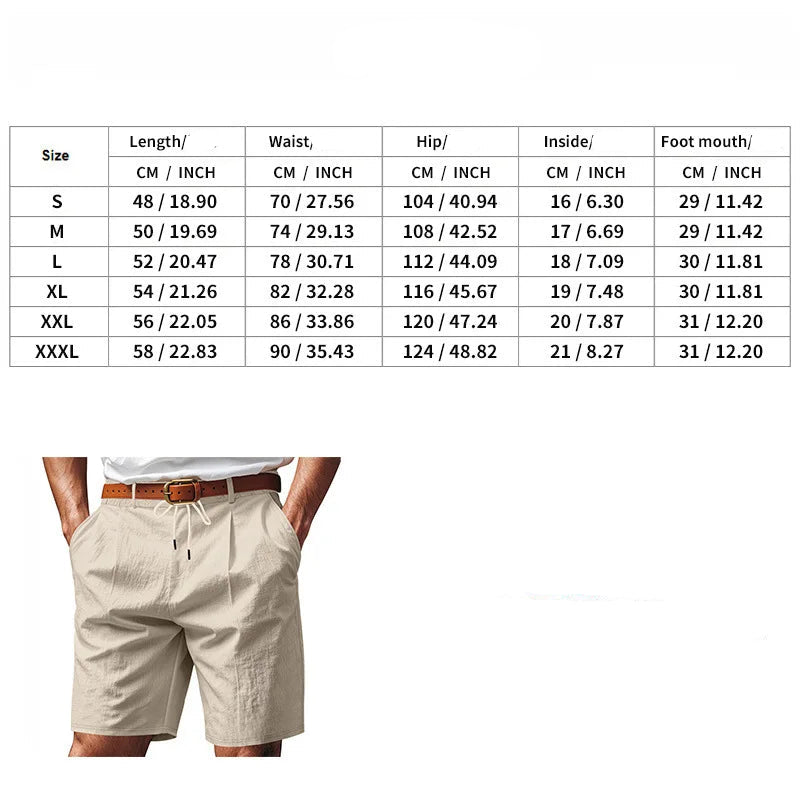 Measurement chart for pants with size chart and person wearing beige shorts.